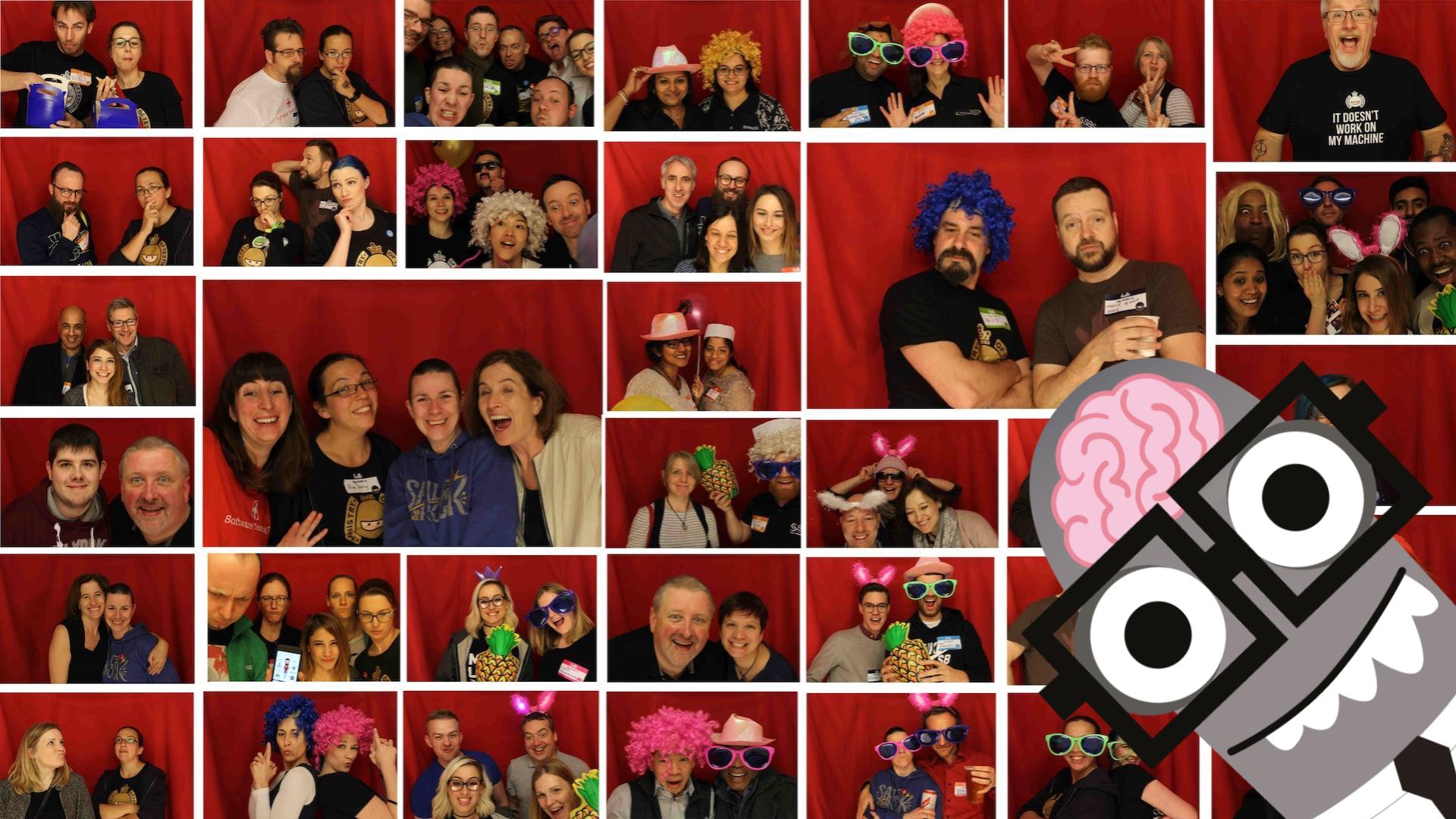 A montage of photo-booth photos. People are pulling a variety of amazing facial expressions and wearing fun props. There is a monster character with glasses and a big brain in the foreground.