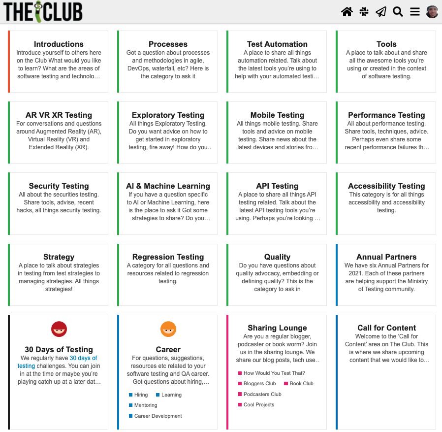 Screenshot of The Club with the 29 categories and 24 subcategories before the redesign.