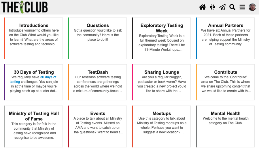 Screenshot of The Club after the redesign with the new 12 categories only.