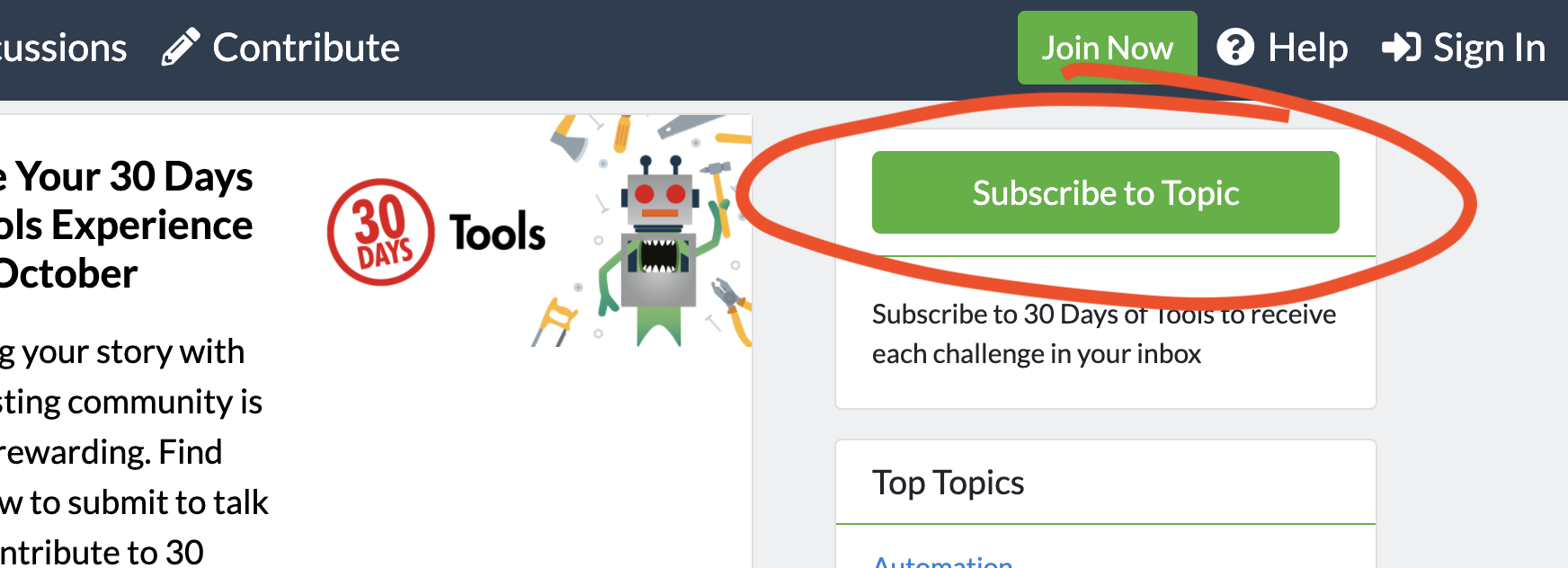 A screenshot of the 30 Days of Tools Topic page highlighting the Subscribe to Topic button.